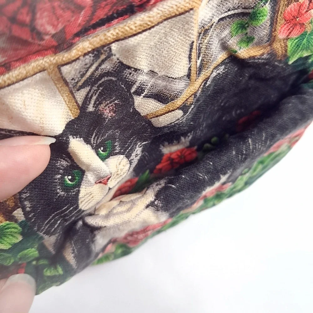 Vintage Franco Cat pot holder oven mitt black white‎ tuxedo red flowers garden
